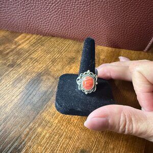Unique Sterling Silver Ring with Orange Spiny Stone - Size 7